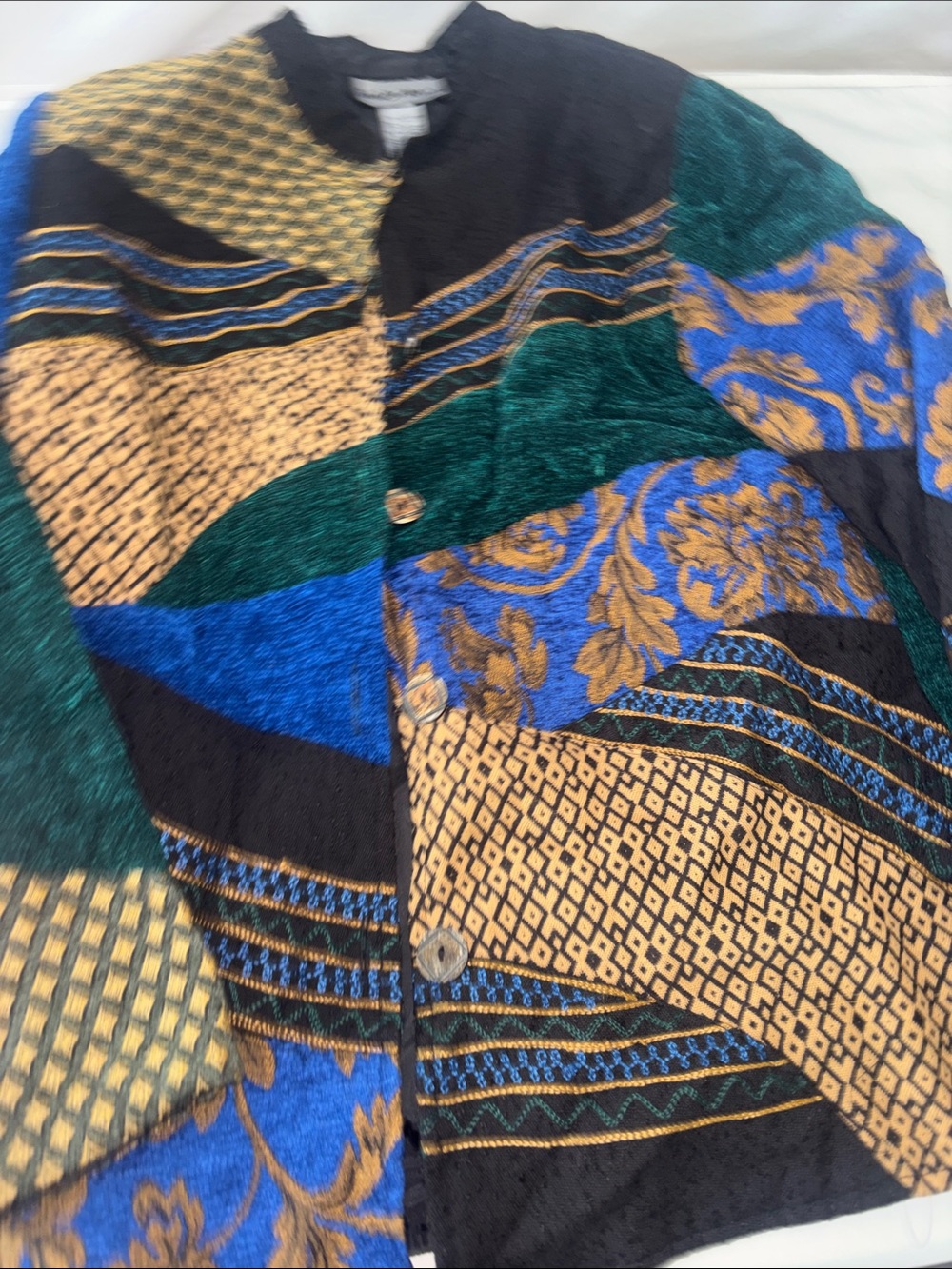 Patchwork Printed Button-Front Blazer in Blue, Green & Gold. Vintage Indigo Moon